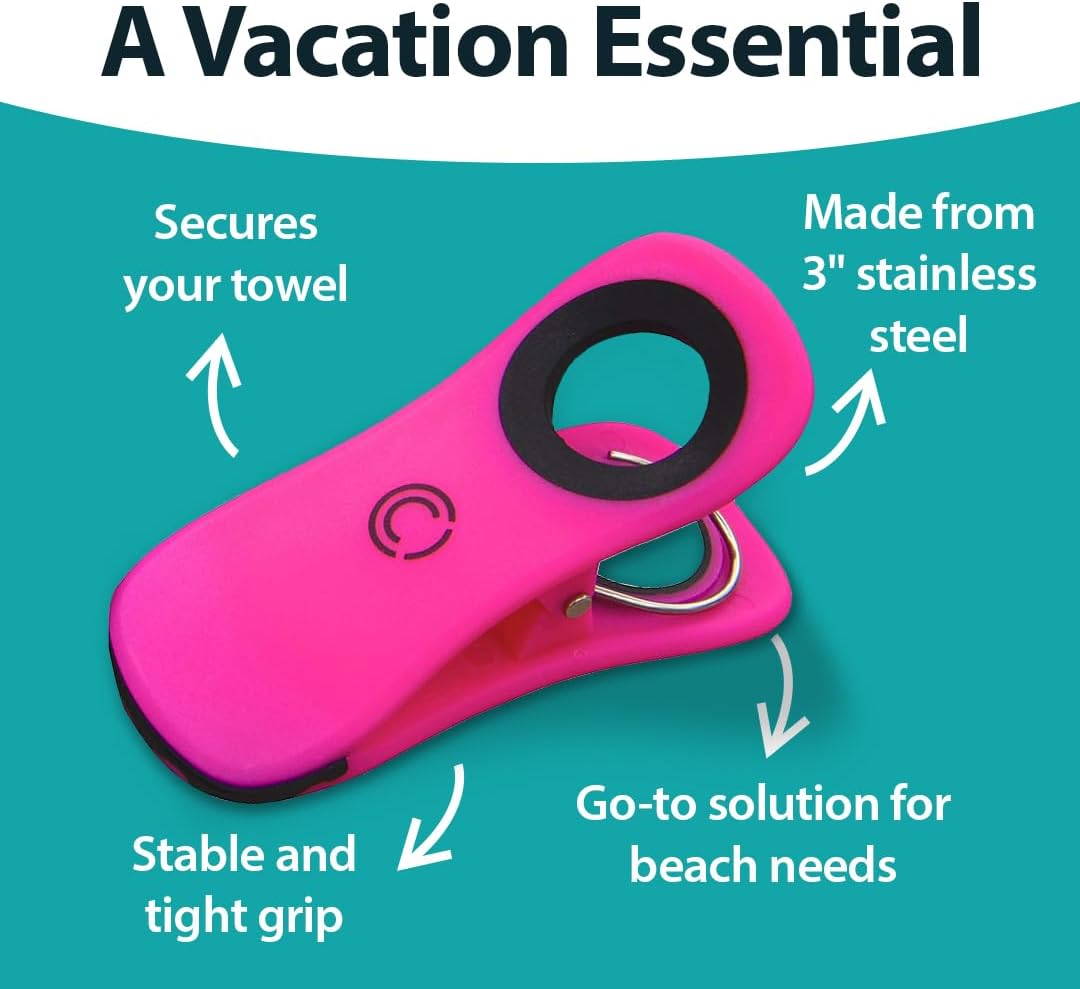 CoreClips Towel Clips for Beach Chairs - Set of 4 Pool Towel Holder Clips for Lounge Chairs on Cruise, Large 2.5” Opening Heavy Duty Clip for Towels on Boat Loungers with Travel Pouch - Pink