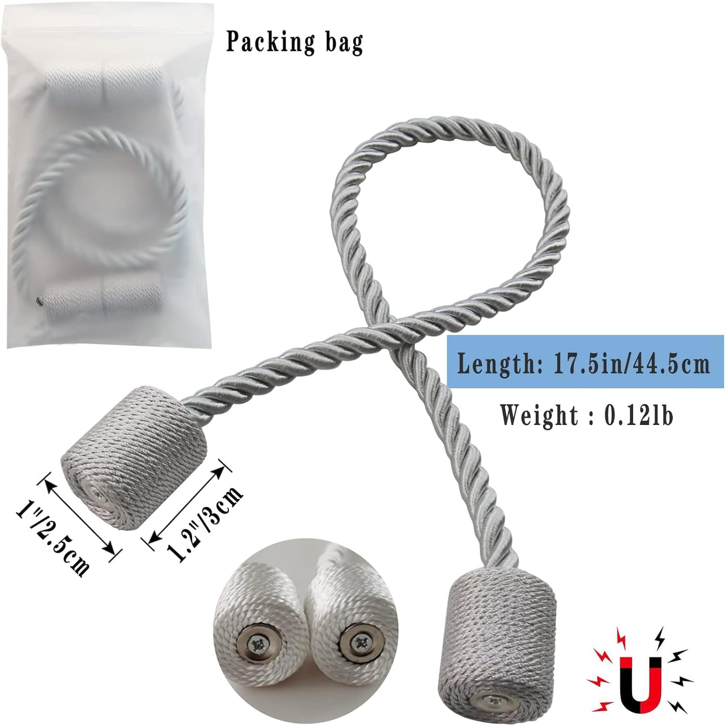Magnetic Curtain Tiebacks 2 Pack Grey Curtain Rope Tieback Curtain Holders for Drapes Modern Tie Backs Decorative Curtain Holdbacks