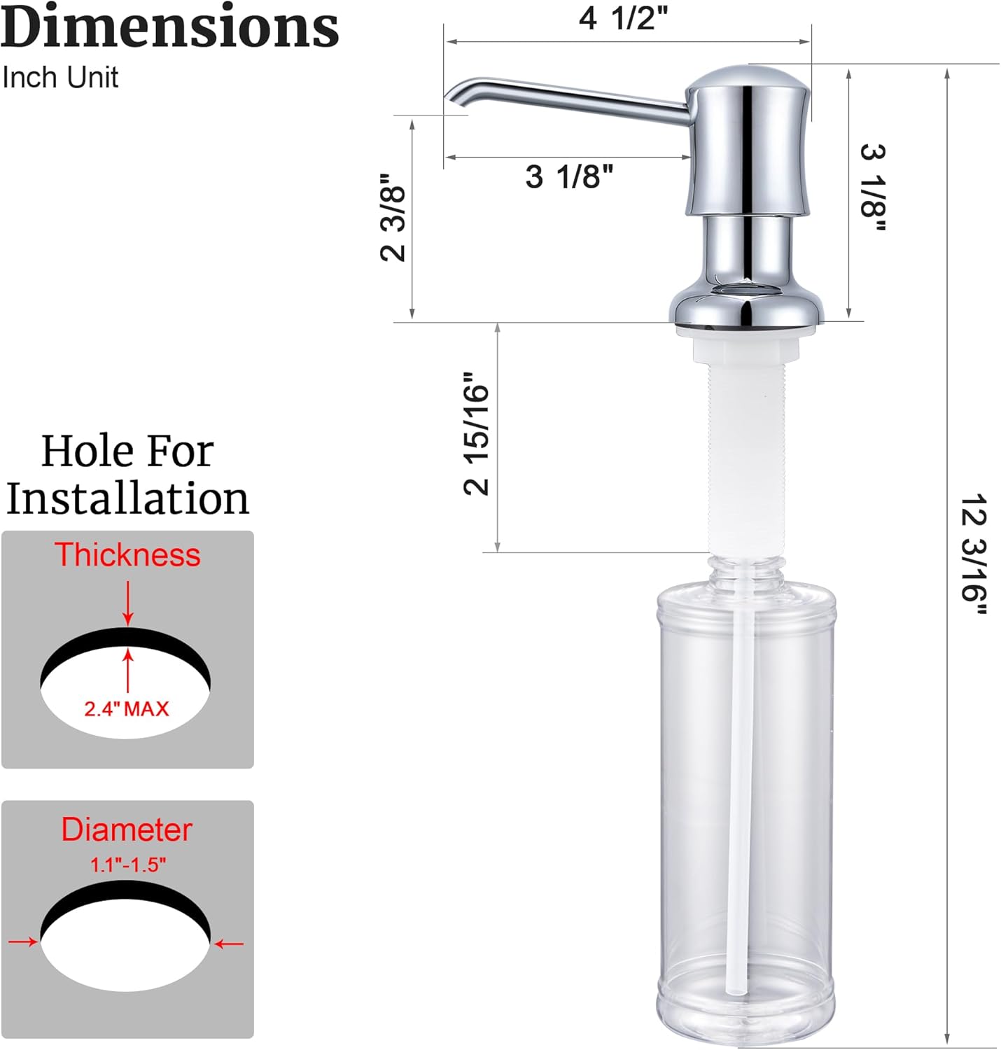 Soap Dispenser for Kitchen Sink Chrome Upgrade Built-in and Refill-from-Top Design with Liquid Hand & Dish Soap Bottle