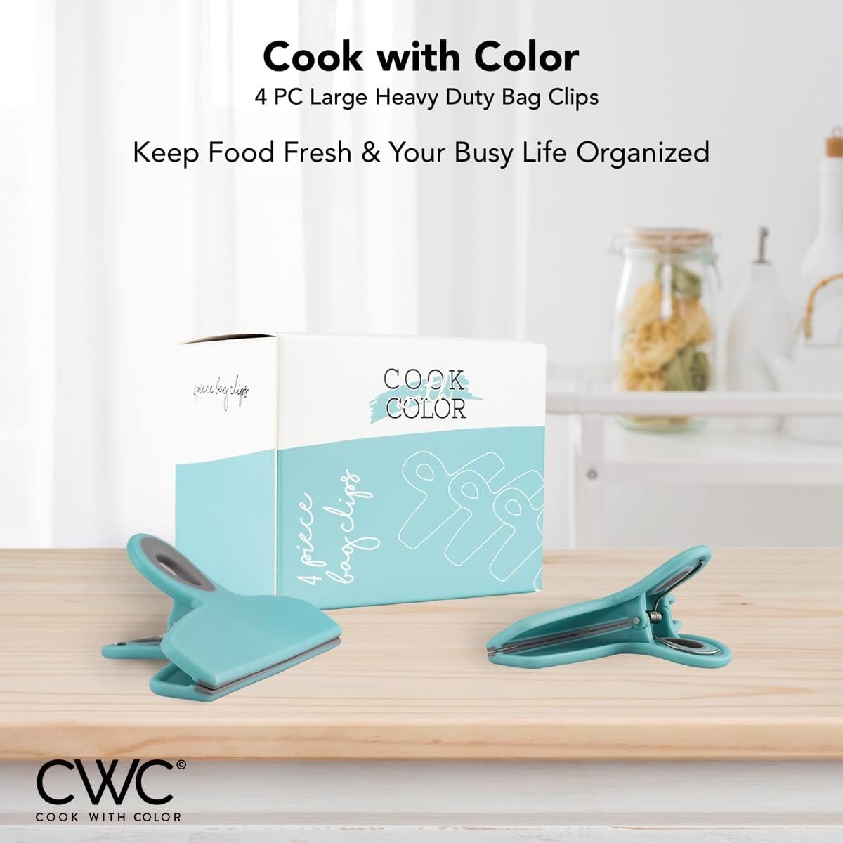 COOK WITH COLOR Bag Clips - Heavy Duty Chip Clip and Refrigerator Magnet Clips for Food Storage with Air Tight Seal Grip, Teal, Pack of 4 Large Clips