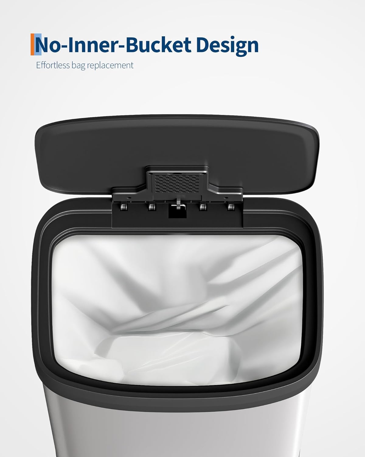 16 Gallon (60 l) Trash Can, Stainless Steel Kitchen Garbage Can, Recycling or Waste Bin with Liner Rim, Rear Handle, Soft Close Plastic Lid Step-on Pedal, Removable Inner Bucket