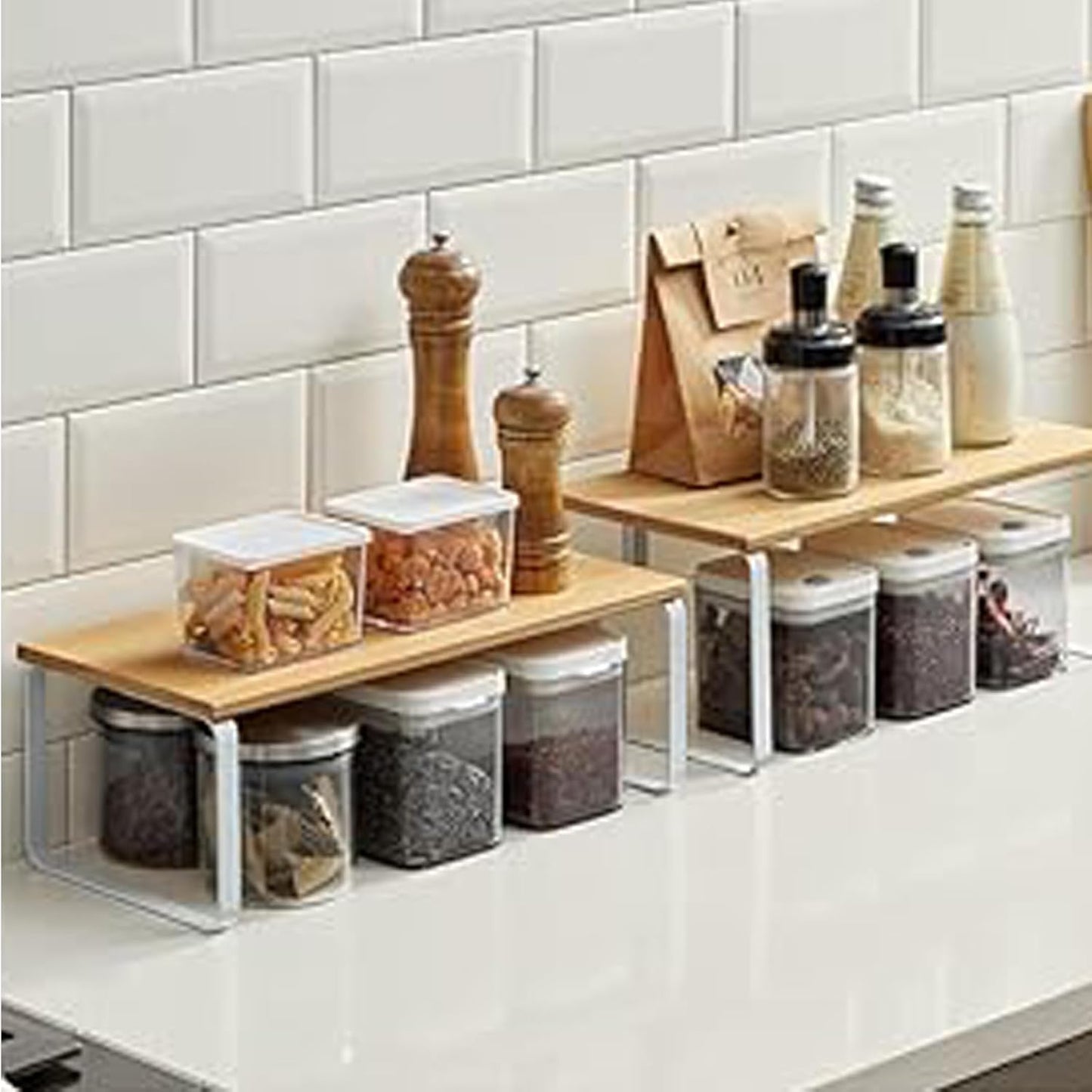 Cabinet Organizer Shelf, Kitchen Counter Storage, 2-Piece Set, Stackable Spice Rack, Metal and Wood (White and Natural Beige)