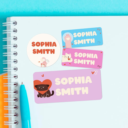 Personalized Name Tag Stickers for Kids (130+ Pack) | Cat Waterproof Labels for School Supplies, Bottles & Lunch Boxes | Custom Vinyl Name Labels for Clothing, Toys & More (F. Cats)