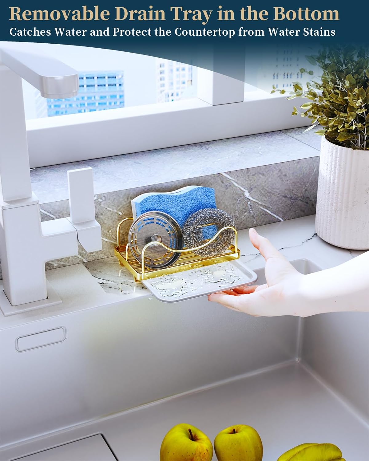 Consumest Sponge Holder for Kitchen Sink - Movable Sink Caddy for Countertop Organizer, 304 Stainless Steel Sponge Holder with Detachable Drip Tray for Kitchen Accessories, Gold