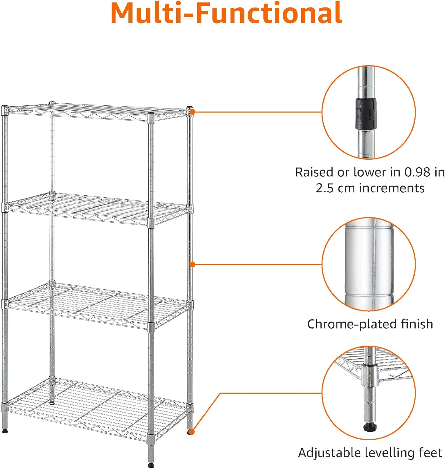 Amazon Basics 4-Shelf Adjustable, Storage Shelving Unit, (200 Pound Loading Capacity per Shelf), Steel Organizer Wire Rack, 13.4"D x 23.2"W x 48"H, Chrome