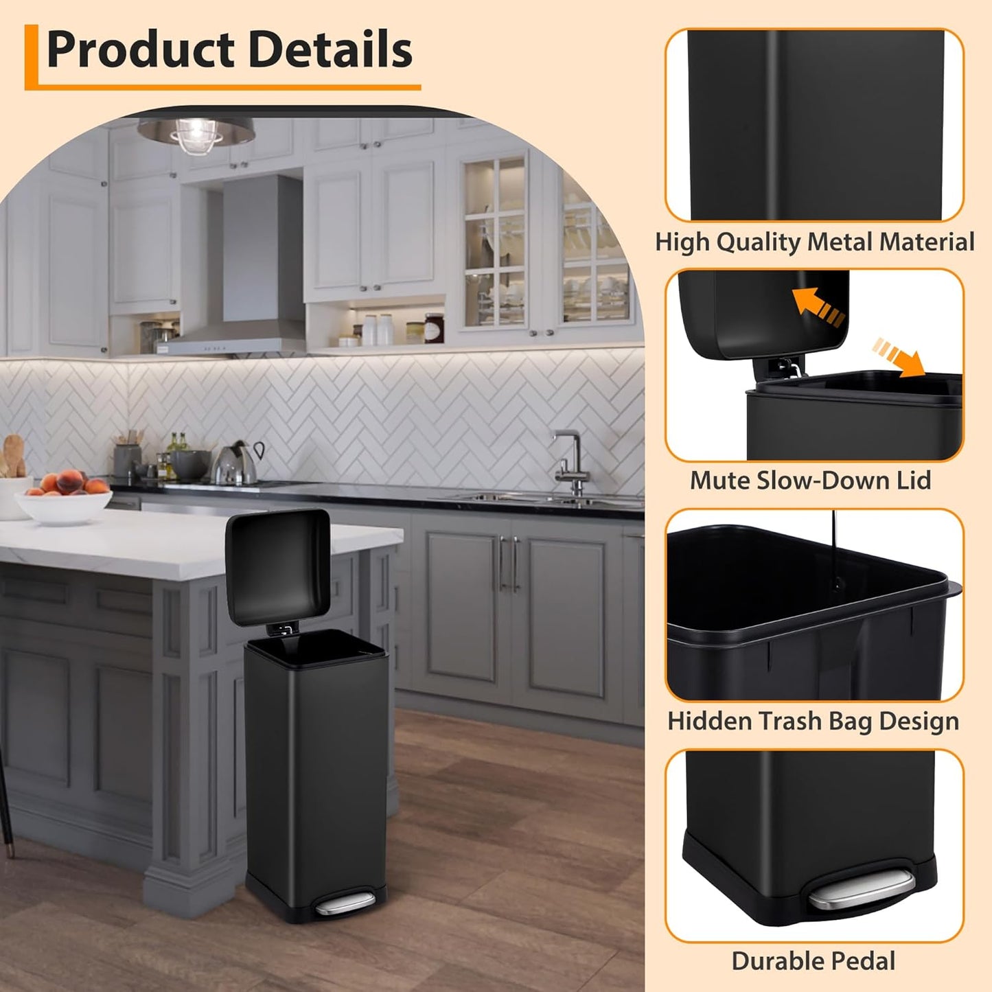 TrailBlaze 8Gallon / 30l Kitchen Trash Can, Stainless Steel Rectangular Pedal Recycle Bin with Soft-Close Lid, Removable Inner Bucket, Fingerprint-Proof, Step Trash Can for Home, Kitchen