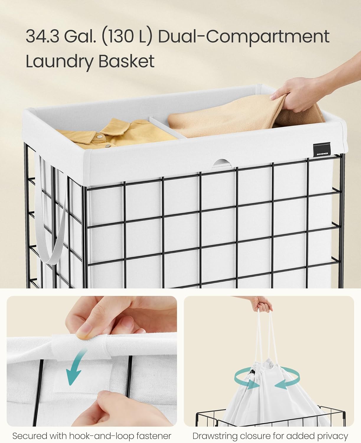 SONGMICS Laundry Hamper, 34.3 Gal. (130L) Laundry Basket, Collapsible Clothes Hamper, Removable and Washable Liner, Metal Wire Frame, for Bedroom Bathroom, Cream White ULCB113W01