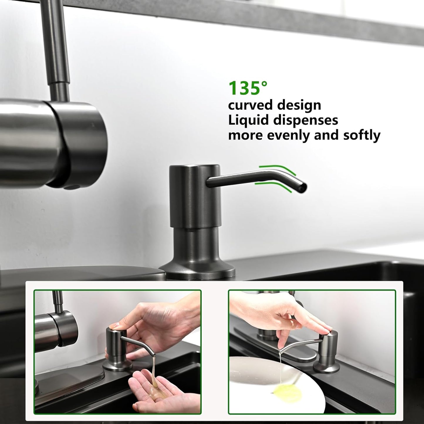 Built in Soap Dispenser for Kitchen Sink, Stainless Steel Gun Gery Countertop Pump Head, Dish Soap Hand Lotion Dispenser with Refillable 17oz Bottle