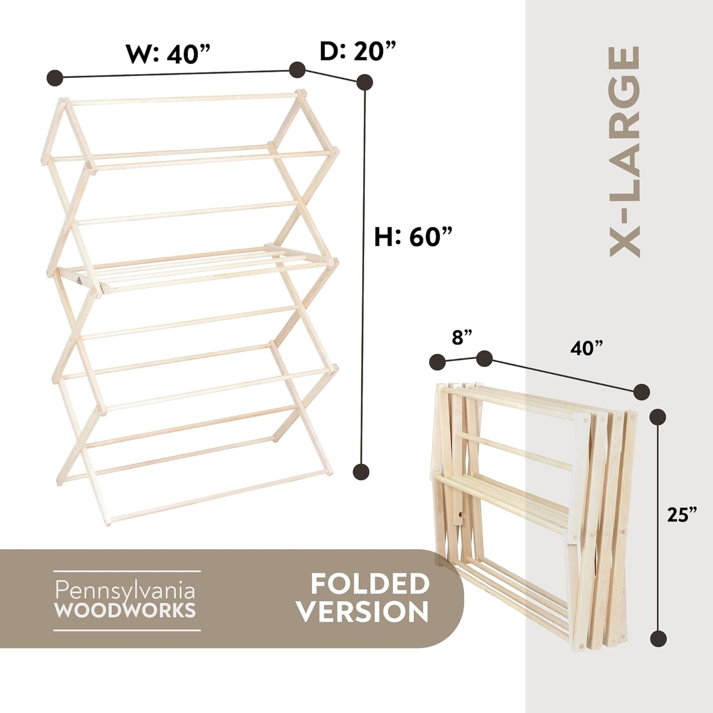 Pennsylvania Woodworks Clothes Drying Rack: Solid Maple Hardwood Laundry Rack for Bedding, Blankets, Towels & More, Heavy Duty, Folding Drying Rack Made in USA, No Assembly Needed, Extra Large