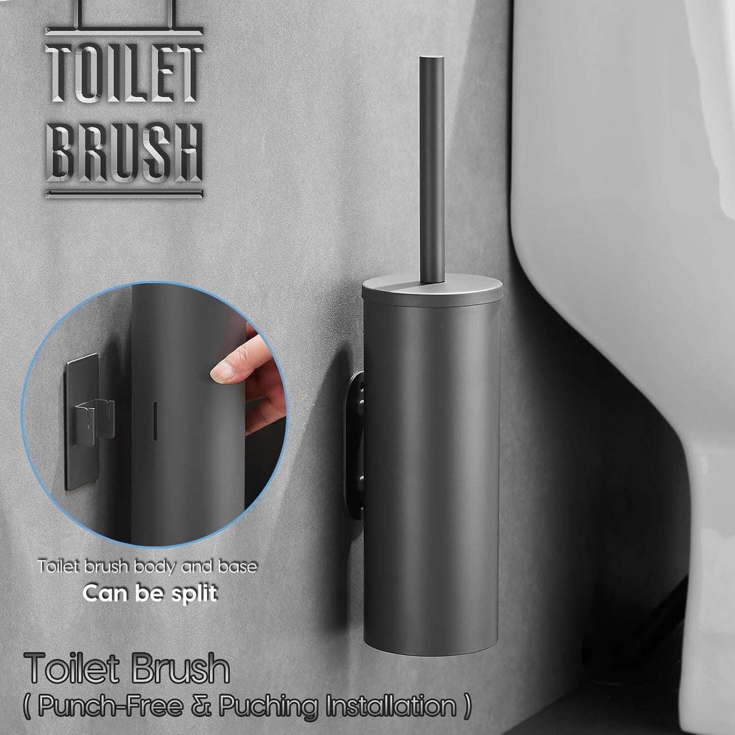 Stainless Steel Toilet Brush and Holder Set, No-Punch Hook Base Dual Purpose Toilet Brush Holder with Removable Inner Bucket and Splash Cover - Soft Bristles (Gray)