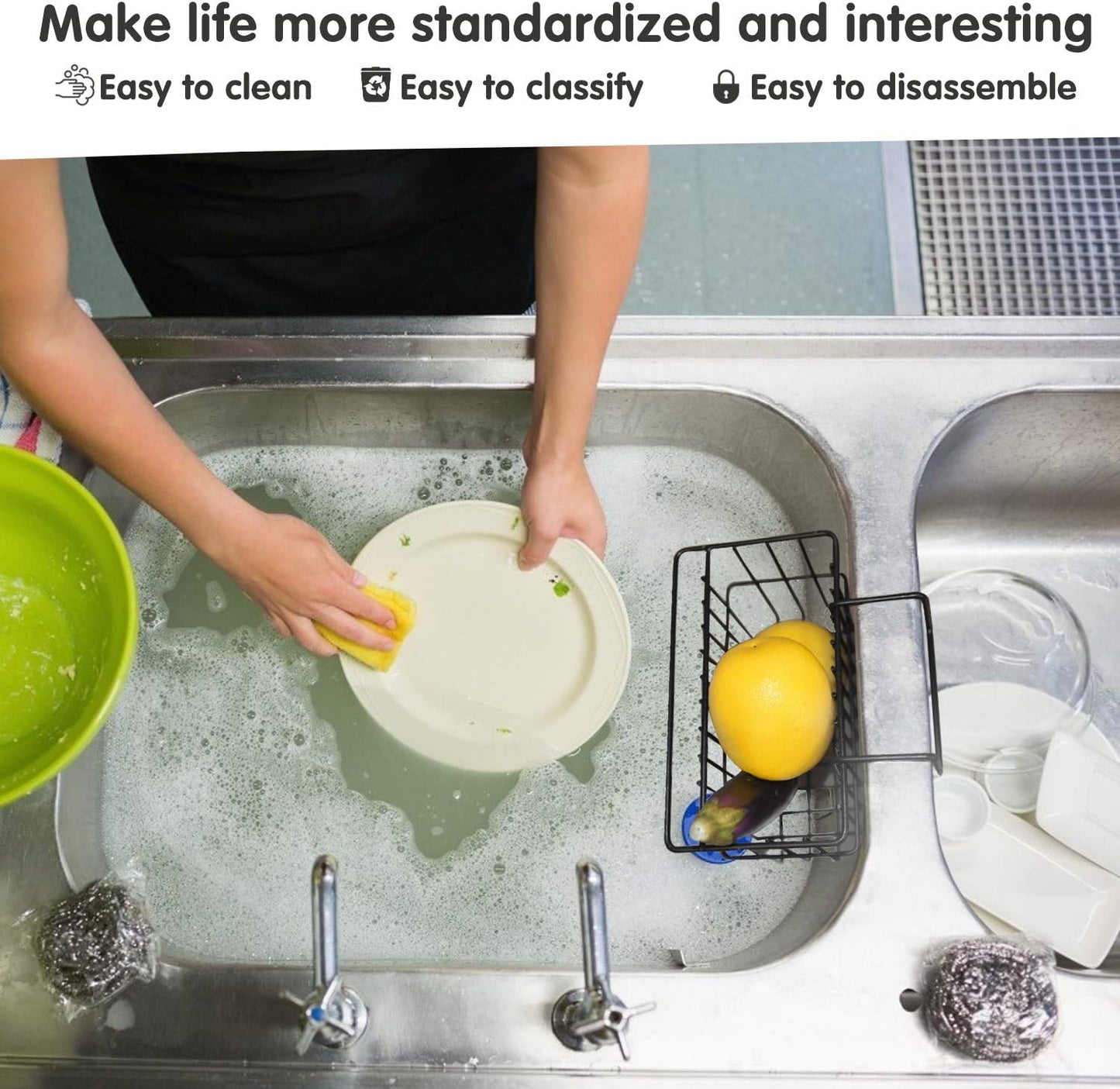 Kitchen Sponge Holder, Dish Brush Holder, Slim Sink Organization/Draining Basket/Liquid Drainer/Water Trough Rack, Kitchen Essential Tools, 304-Stainless Steel (Black)