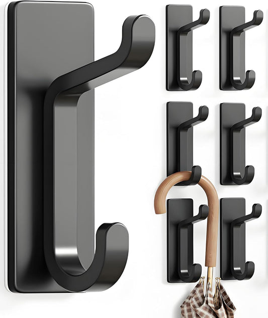 Wall Hooks for Coat and Towel: 13LB Adhesive Door Hanger Stick on, Black 6 Pack