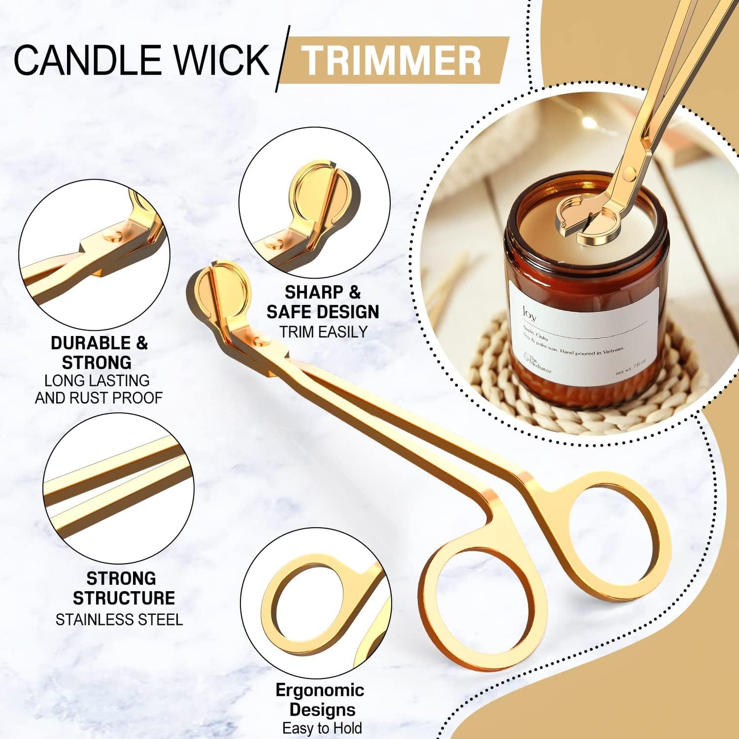 6 in 1 Candle Accessory Set,Candle Wick Trimmer Cutter,Candle Wick Dipper,Candle Wick Snuffer, Rechargeable Candle Lighter,Storage Tray Plate,Tweezers,Stainless Steel Candle Care Kit Home Gift(Gold)