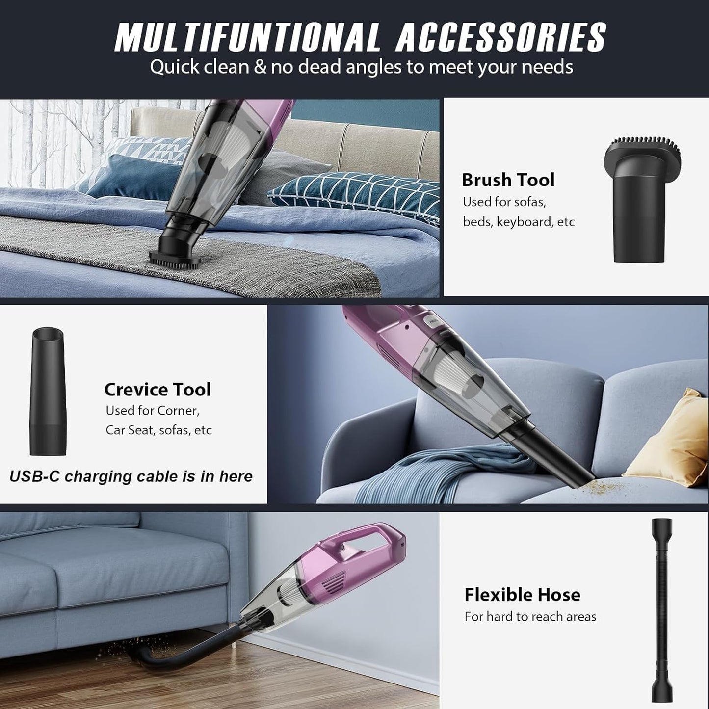 Handheld Vacuum Cordless – Car Vac Portable with 8KPA & Multi Accessories & Low Noise, Lightweight Hand Held Vacuum Cordless Rechargeable for Car/Home/Dust/Pet Hair, Mine Portable Vacuum