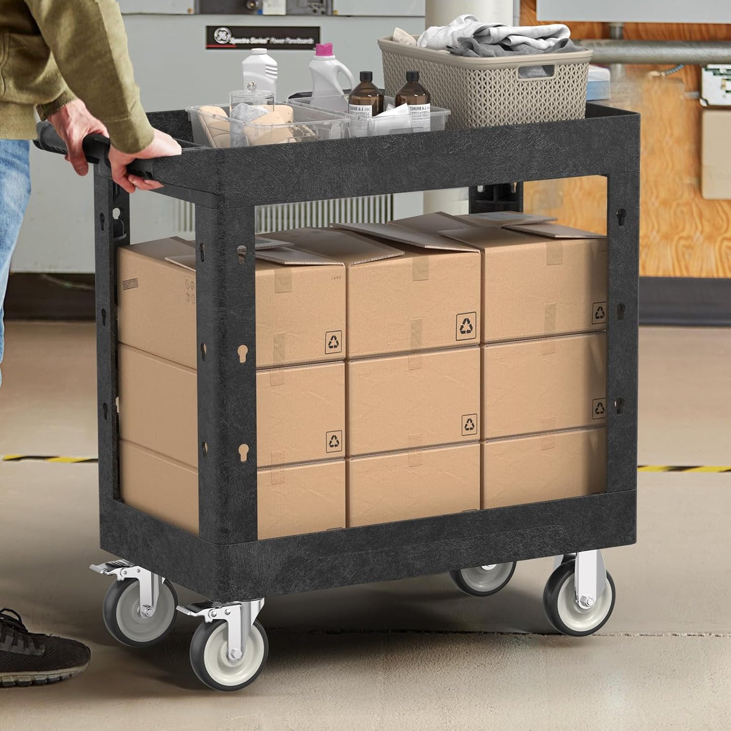 Heavy Duty Rolling Utility Cart with Wheels 2-Tier Utility Plastic Service Work Cart for Shop, Garage, Warehouse, Maintenance 550 lbs