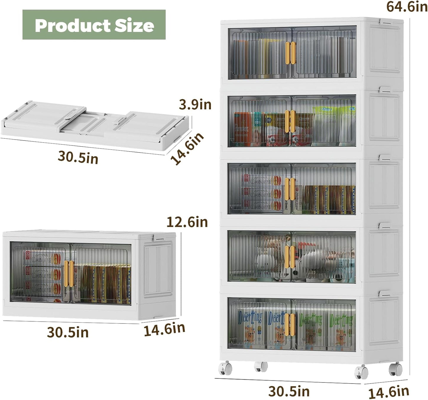 125Gal Stackable Plastic Storage Bins with Lids, Collapsible Closet Organizers and Storage with Wheels for Living Room,Office,Dorm, 30.5" W x 14.6" D x 64.6" H, 5 Tier