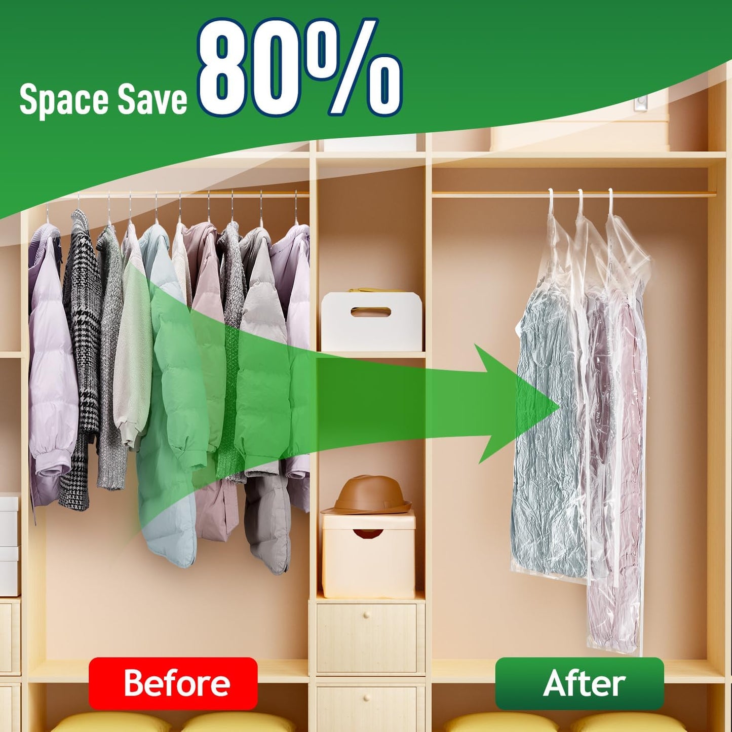 Hanging Vacuum Storage Bags For Clothes With Hand Pump,Coat Storage Bag Hanging,Vacuum Bags For Clothes,Space Saver Vacuum Storage Bags,Garment, Clothing, Dress, Suit, Long Coat, Jacket(Long 6 Pack）