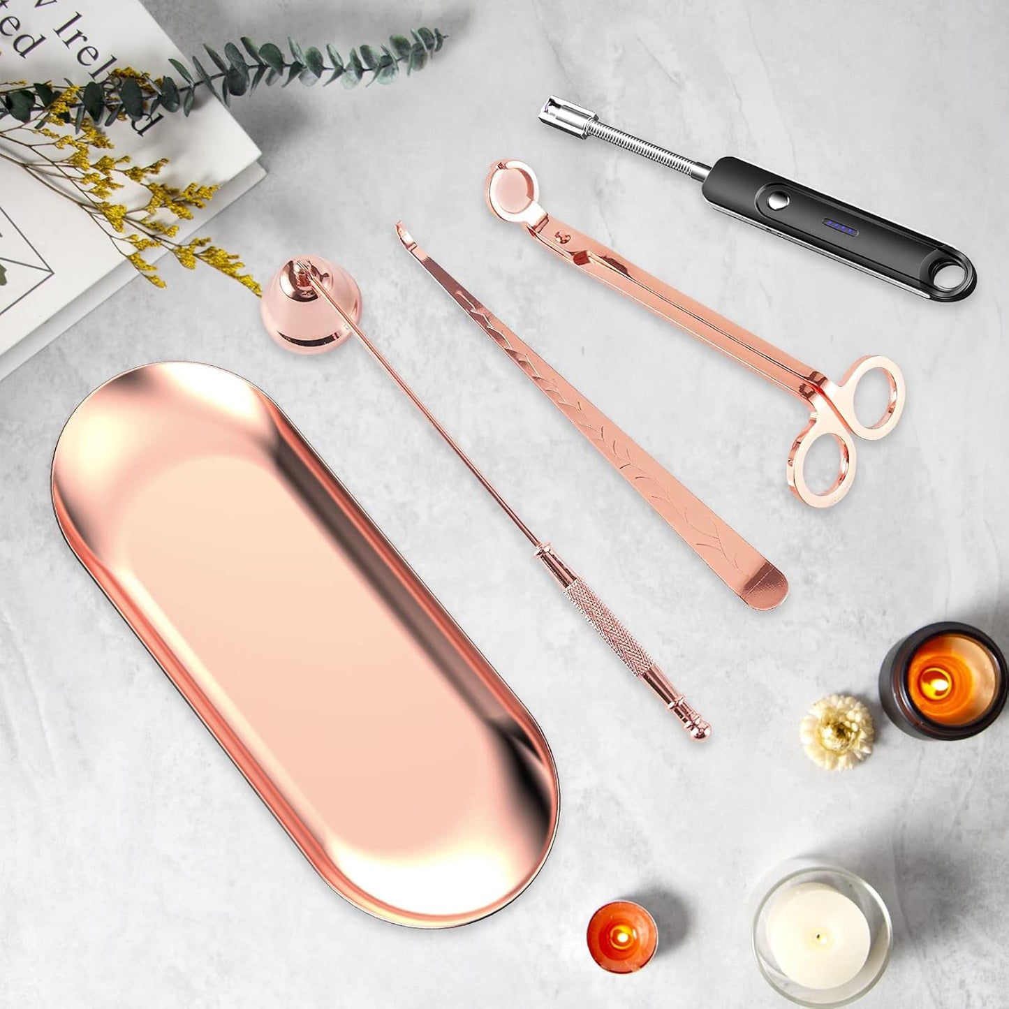 Lsnisni 5Pcs Accessory Set With Rechargeable Electric Lighter, Storage Tray, Wick Trimmer, Snuffer, Dipper, Stainless Steel Care Kit Gift Package for Candle Lover Rose Gold