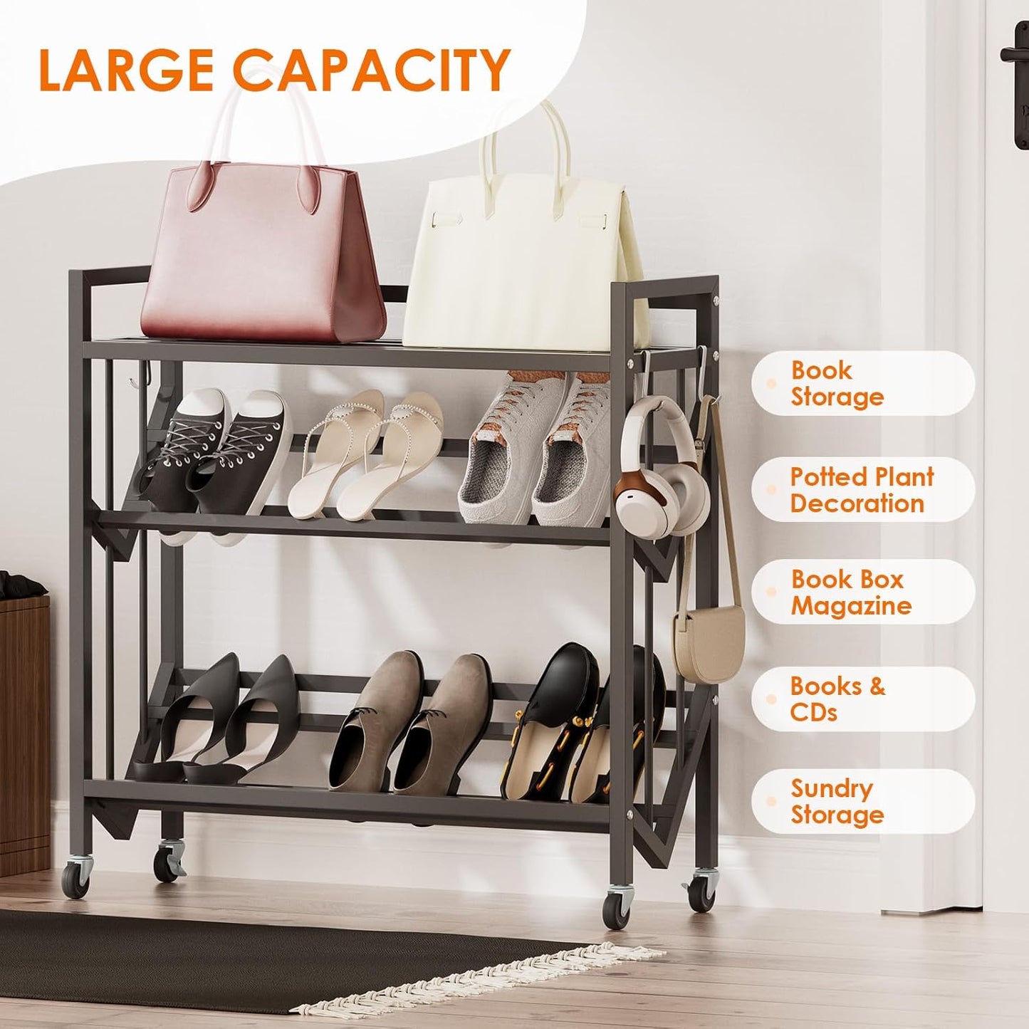 Book Carts 3 Tier 35.4x32x9.84 in Rolling Book Cart Large Capacity Bookshelf Storage Rack Mobile Book Storage with Wheels Cart for Home Office Living Room Classroom (3 Tier)