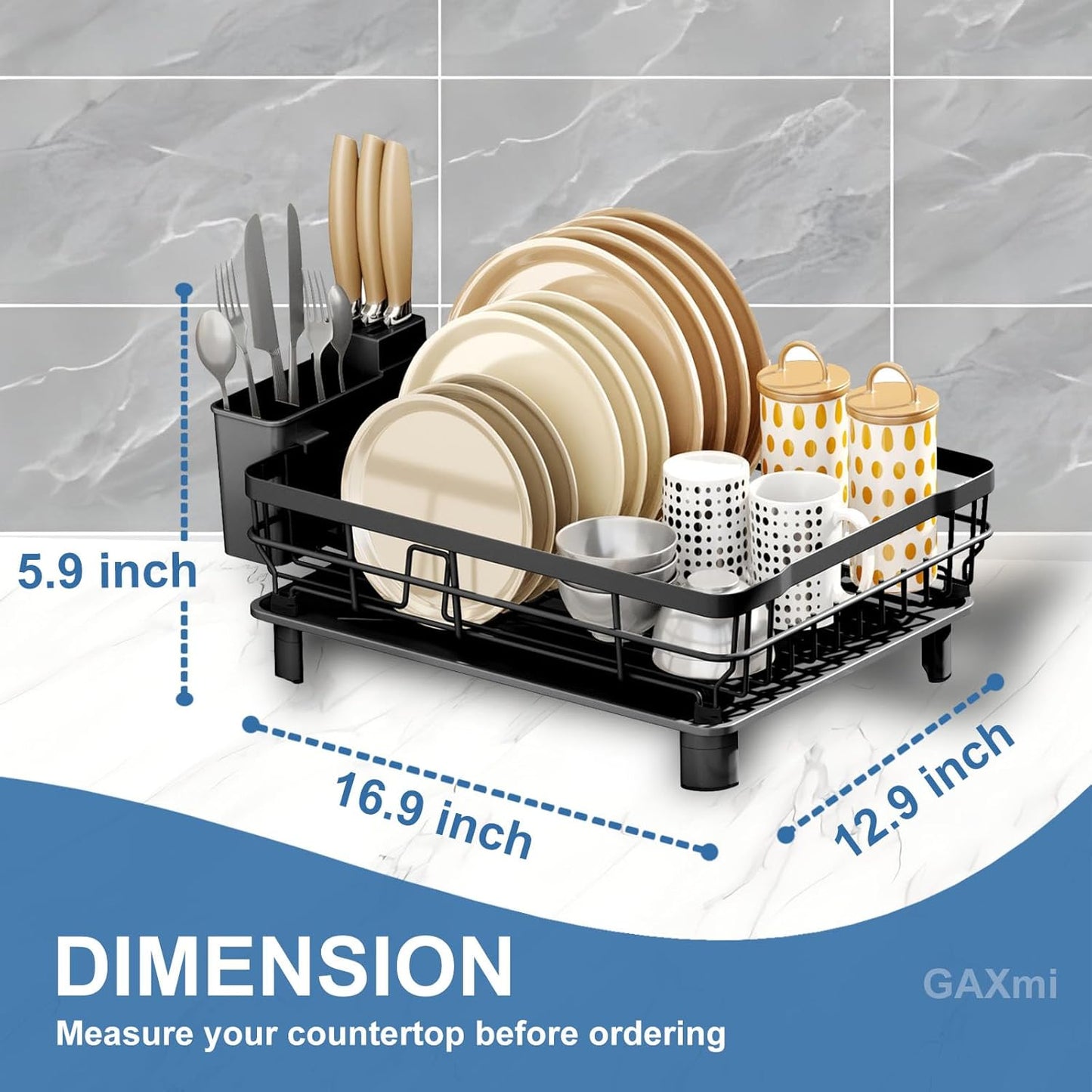 GAXmi Dish Drying Rack Over The Sink Drainer with Drainboard Utensil Holder, 1-Tier Black