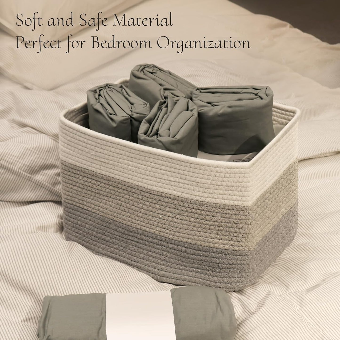 Hopegiver Woven Storage Baskets 15x11x10 Inch, 3 Pack Collapsible Cube Storage Bin for Shelves - Foldable Cotton Rope Organizer Bins for Towels, Toys, Books, Closet, Nursery (White Light-Gray Gray)