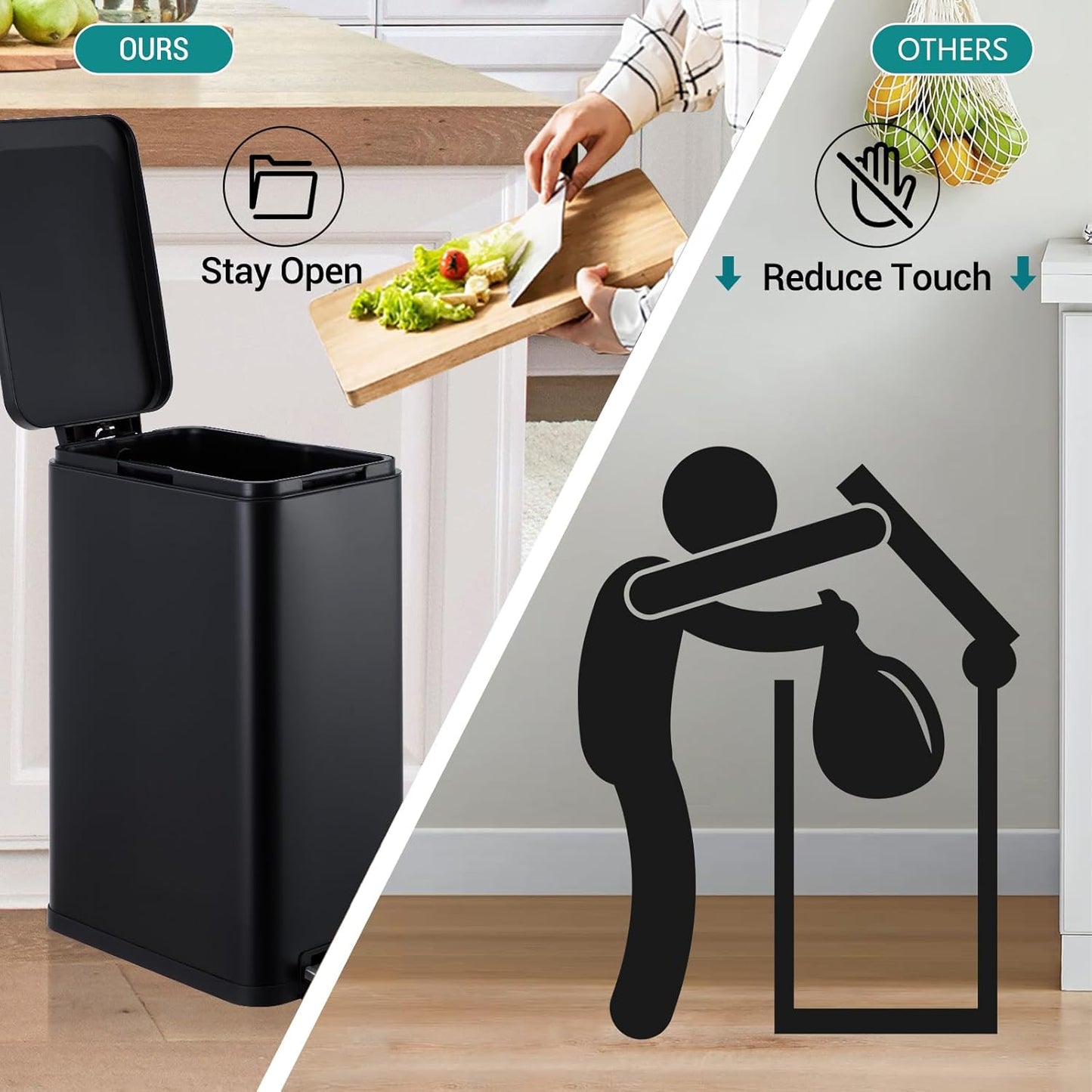 13.2 Gallon / 50L Kitchen Trash Can, Slim Stainless Steel Garbage Can with Removable Inner Bucket, Fingerprint-Proof Step Rubbish Bin with Soft-Close Lid for Narrow Space, Black
