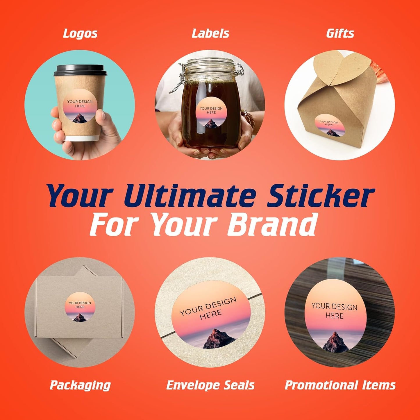 100 Custom Vinyl Stickers - Upload Your own Image, Text, Design, Logo - Personalized Logo Labels for Handmade, Packaging, Bottle, Jars, Candle, Brand Stickers (Mountain, 2x2)