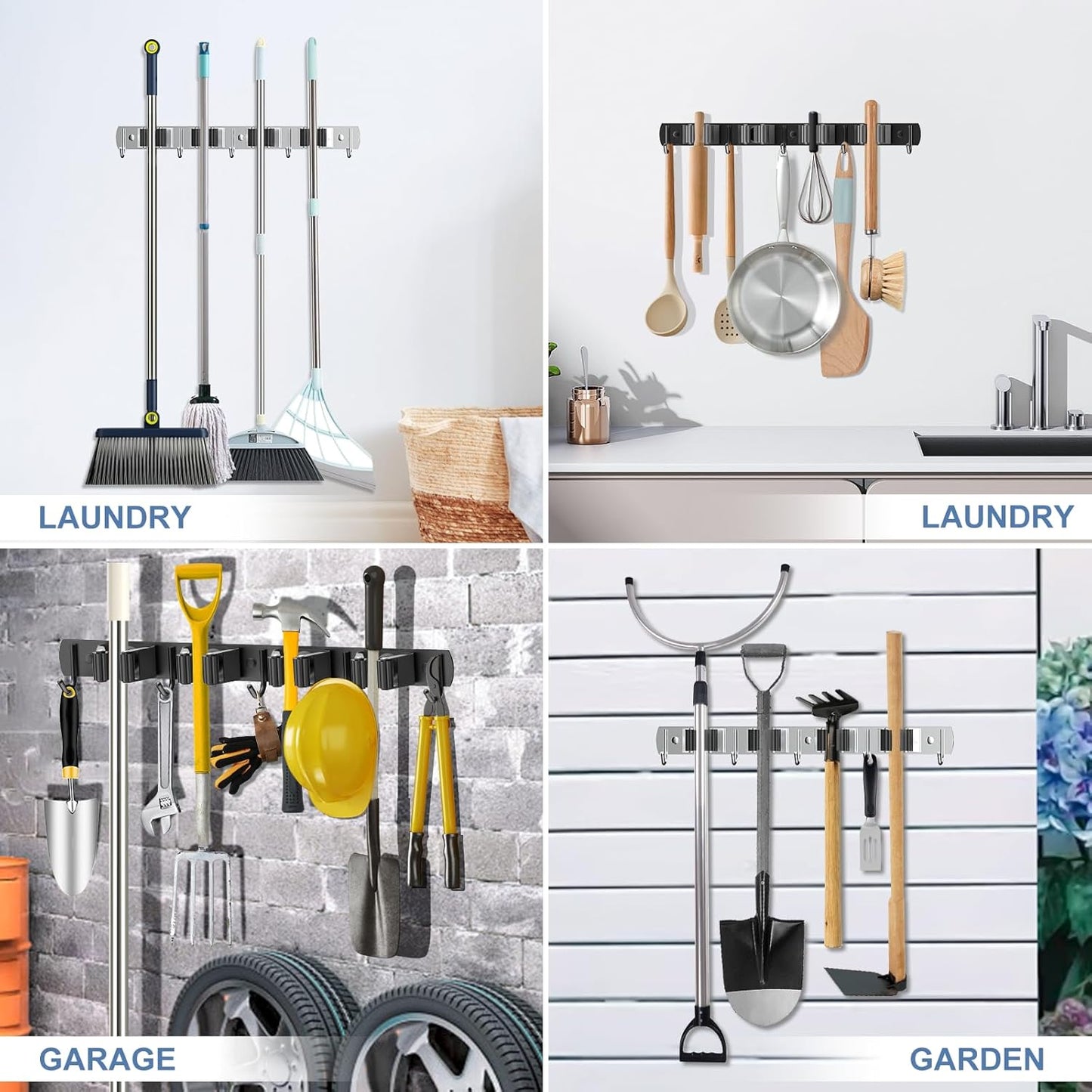 nacena Broom holder Wall Mount, 2-Pack Stainless Steel Self-Adhesive Mop and Broom Hooks Heavy Duty Broom and Mop Storage Rack laundry room organization Garage Organizer for Kitchen Garden garage