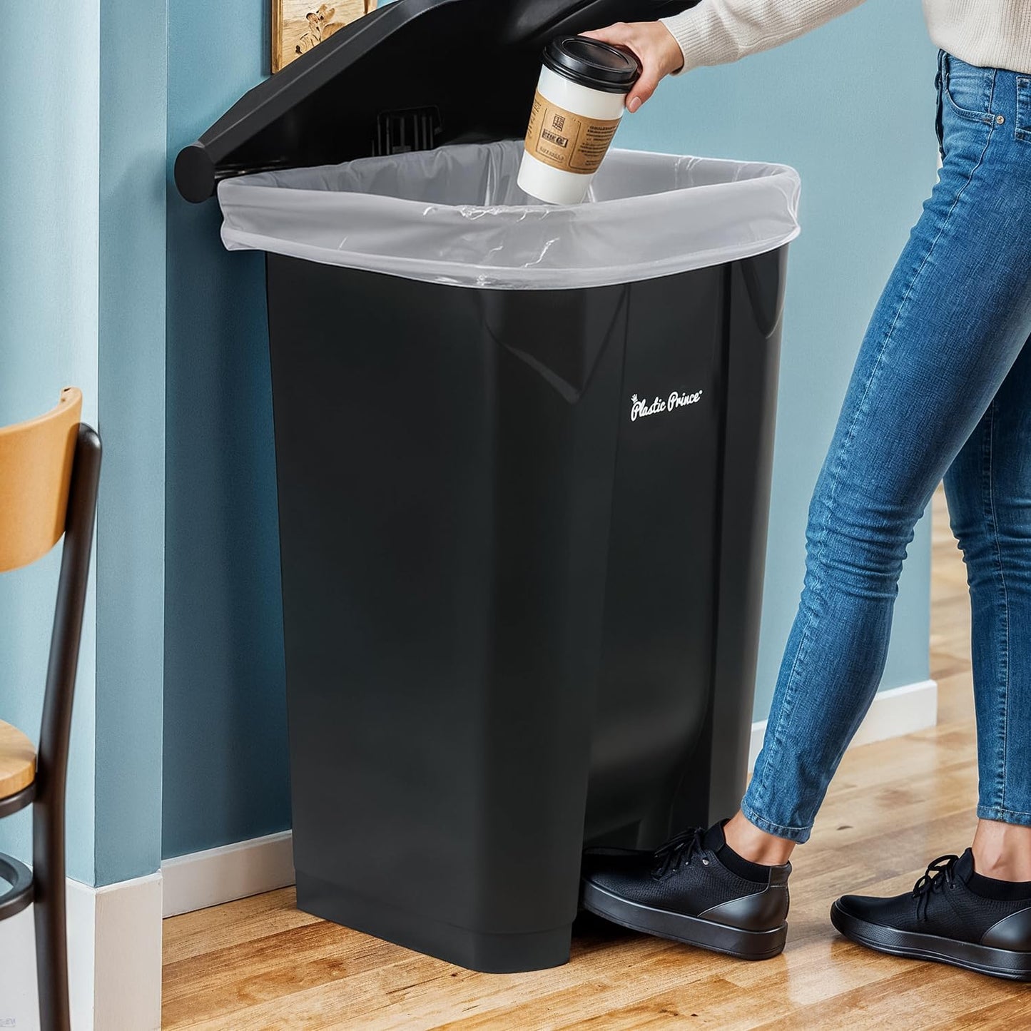 27 Gallon Step-On Trash Can/Container, Black Plastic Dustbin with Lid and Foot Pedal, Hands-Free Disposal