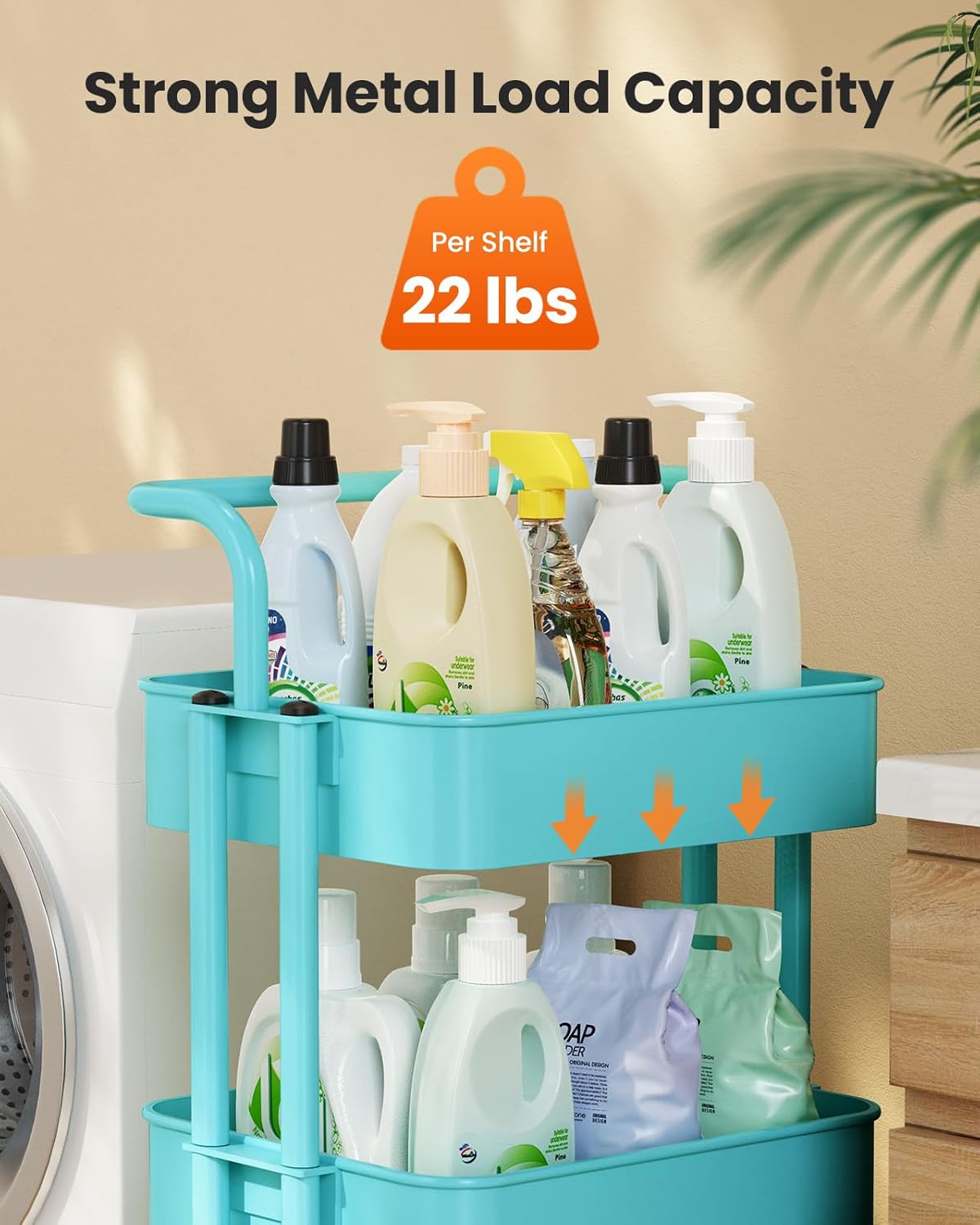 Pipishell 3 Tier Mesh Utility Cart, Rolling Metal Organization Cart with Handle and Lockable Wheels, Multifunctional Storage Shelves for Kitchen Living Room Office Turquoise