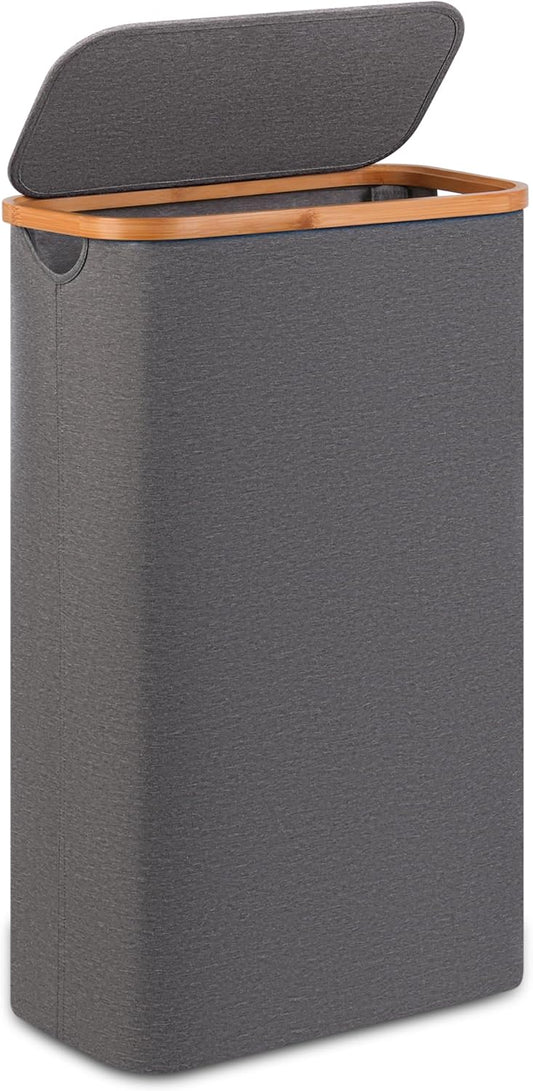 Slim Laundry Basket,60L Laundry Hamper with Lid, Tall Hamper for Laundry,Dirty Cloth Hamper with Bamboo Handle for Toys,Towels, Clothes Organizing,Grey