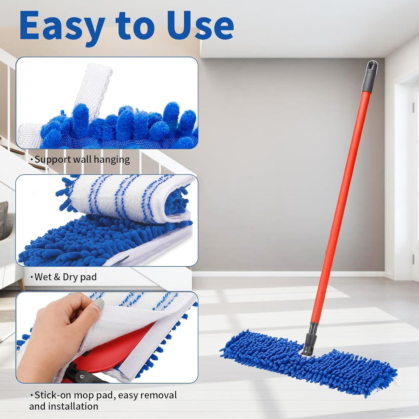 2 Pack Flip Mop Refills Compatible with O Cedar Mop, Flat Dust Mop Head Replacement for Dry & Wet Use, Chenille + Microfiber Mop Cover Pad for Deeper Cleaning, Double Sided Use for Hardwood Floor