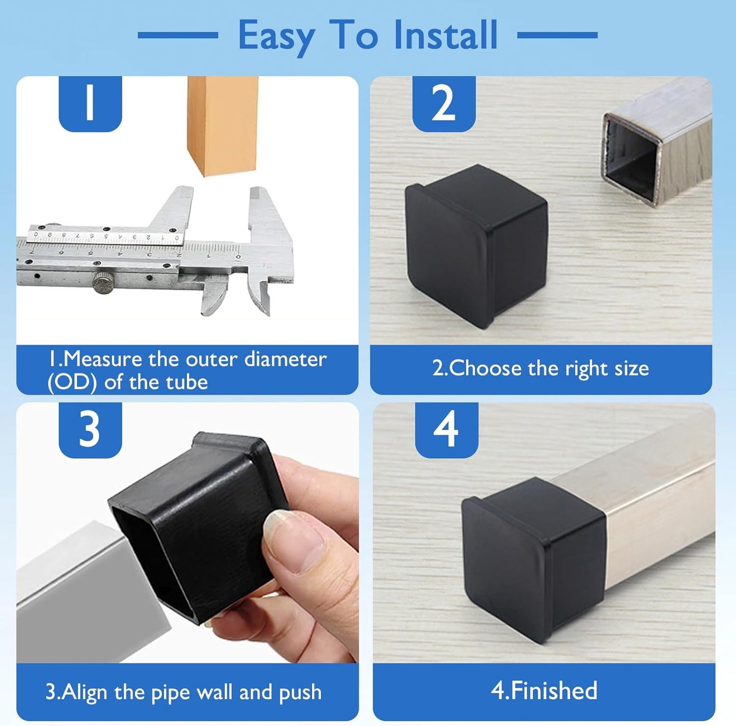 32 Pcs 3/4" x 3/4" Square Rubber Chair Leg Caps, PVC Table Leg Covers, Flexible & Anti-Slip Furniture Leg End Caps, Chair Leg Floor Protectors for Bar Stool Leg Patio Indoor, Black