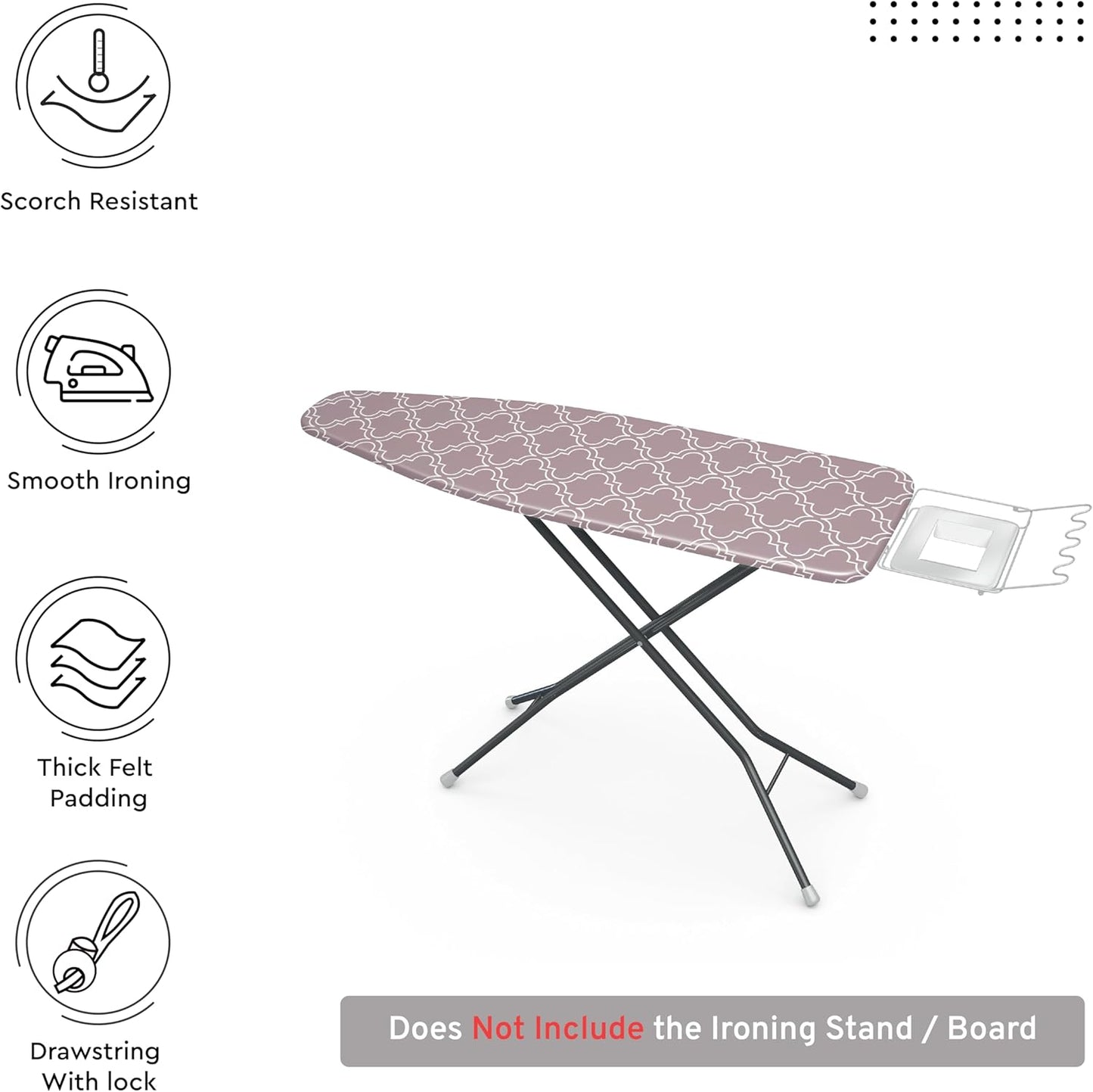 Encasa XO Ironing Board Cover and Pad 42"x14" - Thick 3mm Felt Padding, Drawstring Tightening & Lock, Easy Fit, Scorch & Stain Resistant, Fits Medium Ironing Board - Mauve Tiles