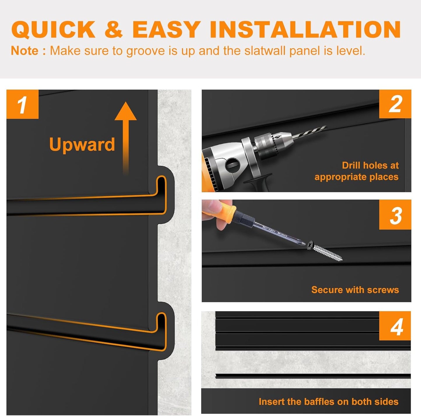 DoCred Slatwall Paneling Organizer, 4x2 FT PVC Garage Slat Wall Storage Systems, Heavy Duty Mounted Slat Peg Board for Tool Organization Ladder Bike Rack (Black)