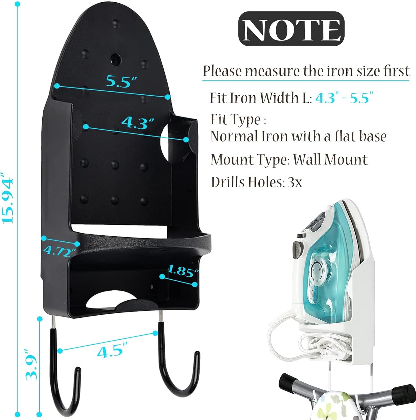 Ironing Board Hanger Wall Mount Electric Iron Holder Ironing Board Rack Household Bathroom Shelf - for Max 5 inch Width - Black