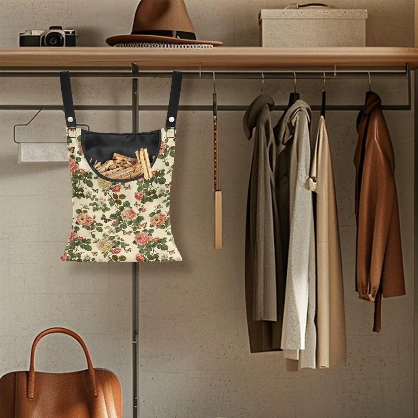 2 Pcs Floral Clothes Pin Hanging Bag with Hanging Rope 14.5 X 12 Inch Clothespin Bag for Clothes Pins and Clothespins - Heavy Duty Outdoor Use