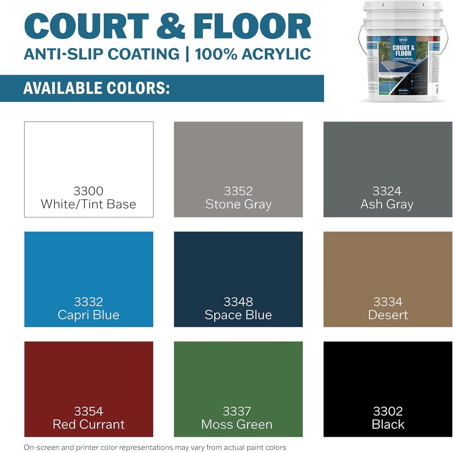 DYCO Court & Floor Anti-Slip Coating - Slip-Resistant Pavement, Cement & Concrete Paint for Pickleball, Tennis & Basketball Courts, Exceeds ADA Standards for Safety Areas (Space Blue, 5 Gallons)
