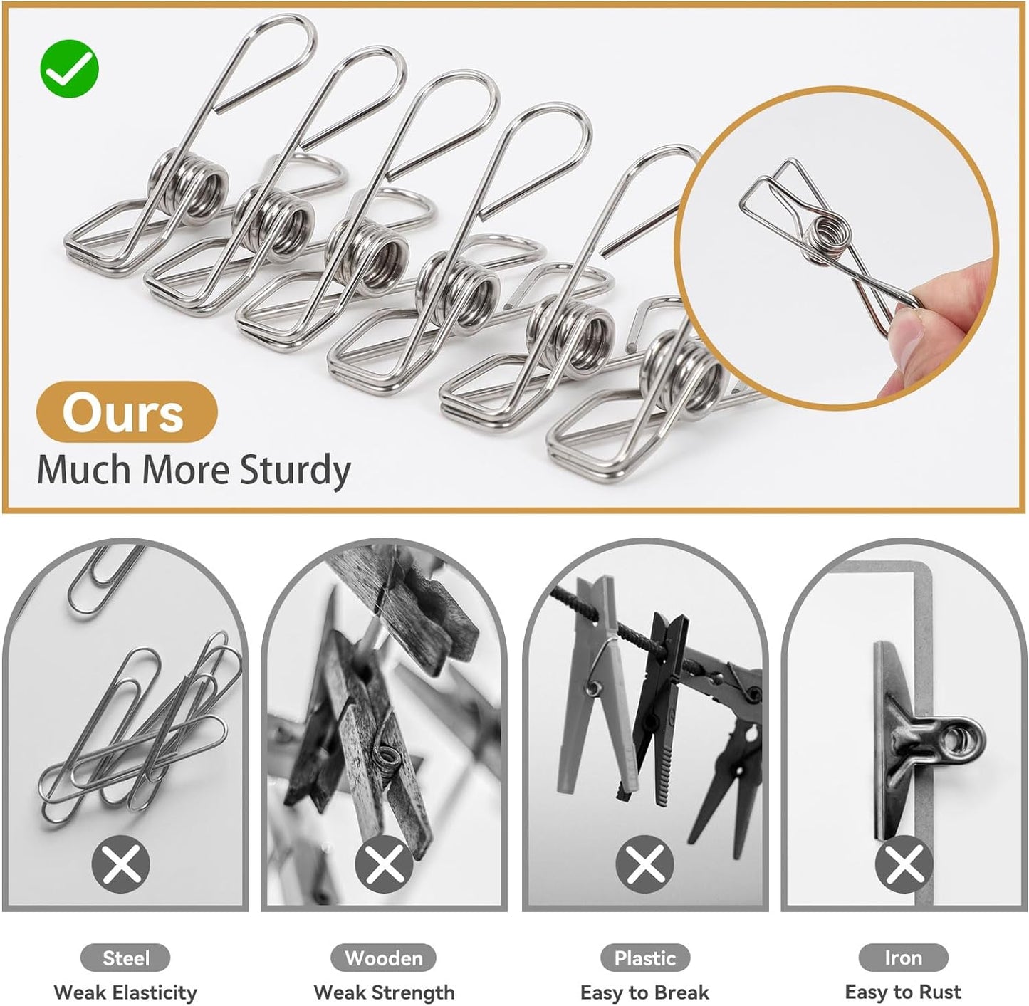 40 Pack Clothes Pins Heavy Duty, Metal Clothespins Assorted Size Include Extra Large, 304 Stainless Steel Clothes Pins with Waterproof Bag, 2.4/2.6/3.4 Inch Laundry Clips Outdoor
