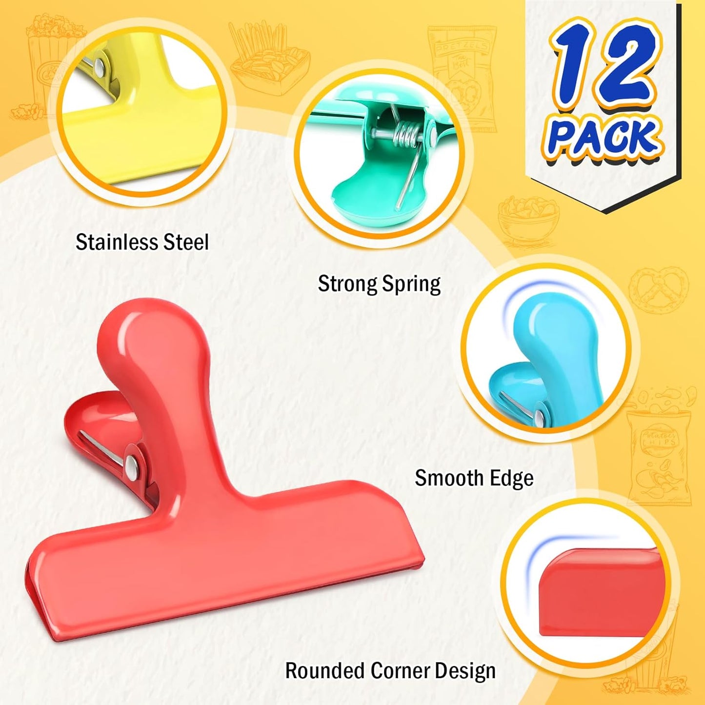 VNDUEEY 12 Pack Stainless Steel Chip Bag Clips, Chip Clips for Food Bags, Heavy Duty Metal Clip for Kitchen and Office to Seal Coffee Bags, Paper Sheets, Air Tight Seal-3 Inches, Multicolor