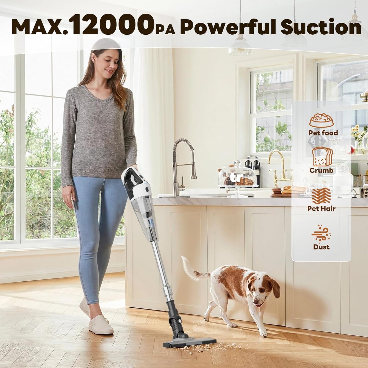 TECBOT Cordless Vacuum Cleaner, 12000 Pa Powerful Stick Vacuum with Brushless Motor, LED Touch Display, 30 Mins Long Runtime, Self-Standing Lightweight Vacuum for Hard Floor Carpet Hair, Gray
