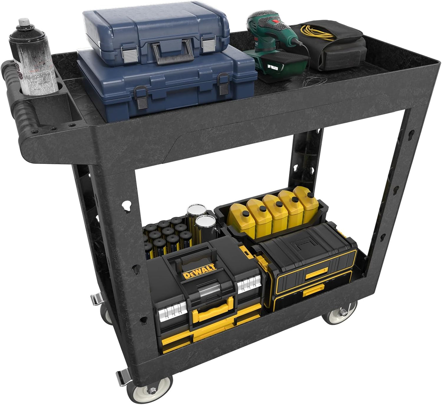 Large Garage Plastic Utility Cart, Heavy Duty 2 Shelf Tool Cart Service Cart Rolling Push Carts with Ergonomic Handle 5" Swivel Casters.
