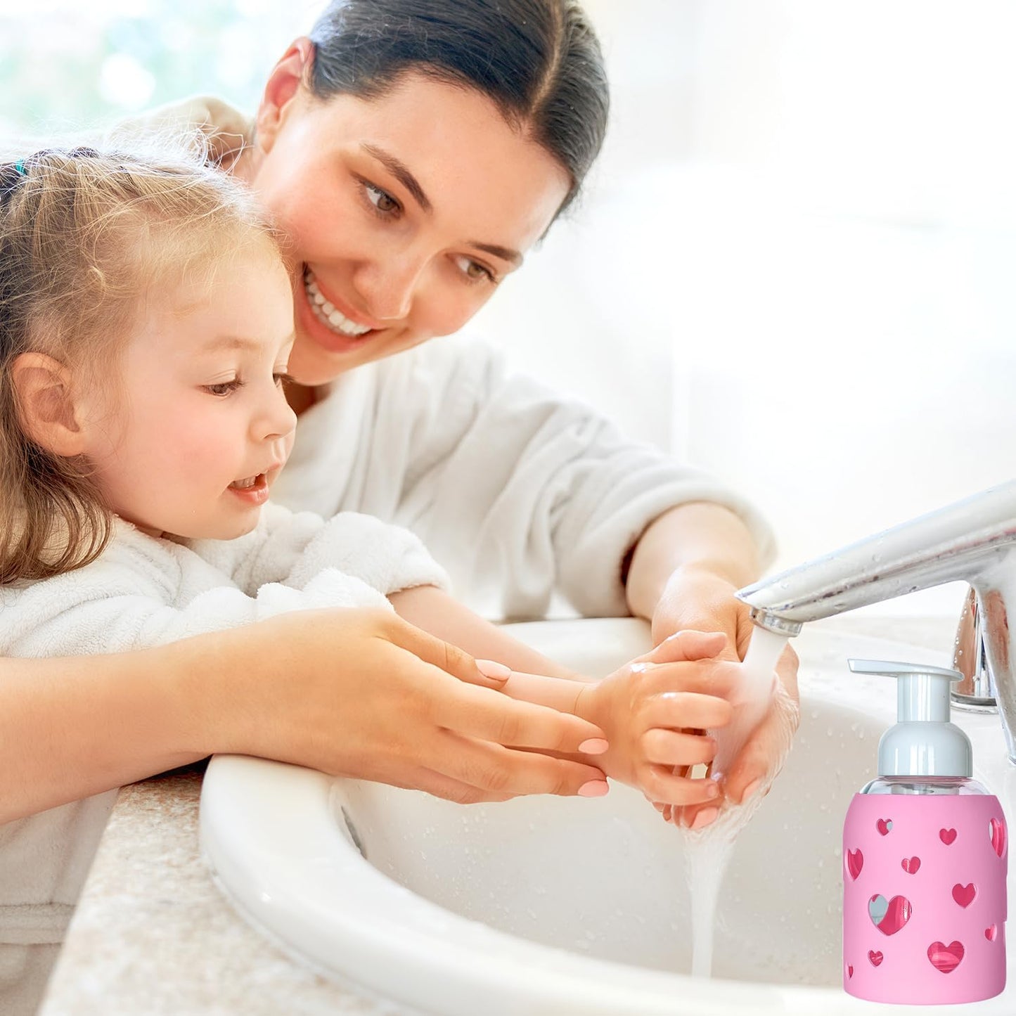 SoCal Suds & Company Glass Foaming Hand Soap Dispenser, Heart Silicone Sleeve, Refillable Pump Bottle for Kids, Baby Wash & Shampoo, Ideal for Home Use, Bright Pink 8oz