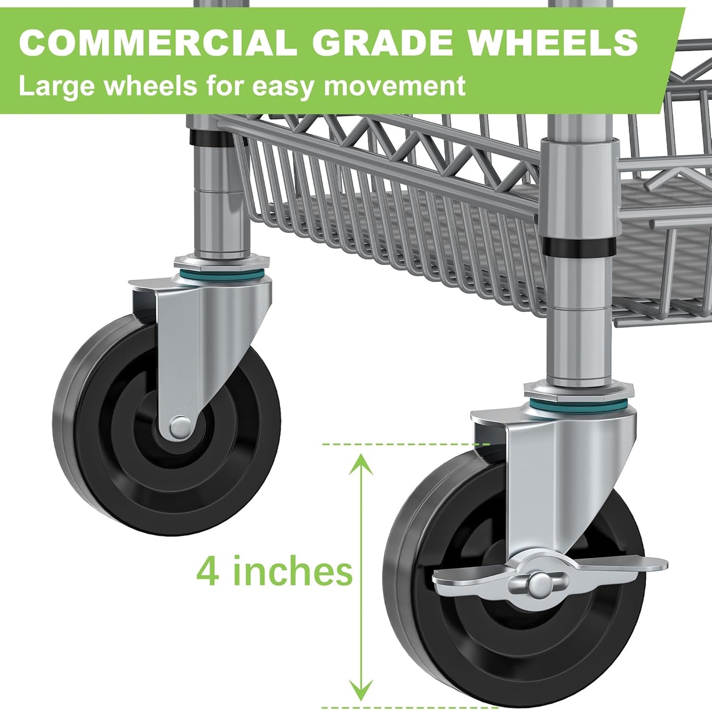 Metal Heavy Duty Carts with Wheels 1050lbs, 3 Tier Rolling Utility Cart with Storage, Steel Wire Carts with Handle Bar&Shelf Liner, Commercial Grade Trolley for Kitchen, Grocery