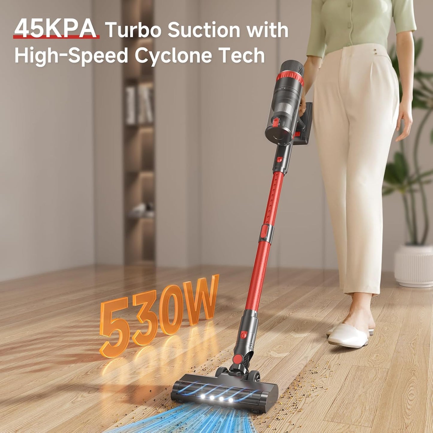 Cordless Vacuum Cleaner, 530W/45Kpa/70Mins Vacuum Cleaners for Home,Self-Standing Stick Vacuum with Smart Touch Screen,Rechargeable Lightweight Vacuum for Pet Hair,Carpets, Hard Floors