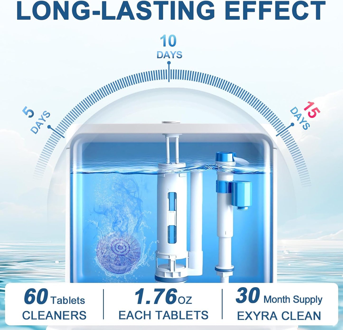 Automatic Toilet Bowl Cleaner Tablets Blue Gel Toilet Tank Cleaners, Septic-Safe Hard Water Ring Stain Remover, Prevent Stain Build Up Bathroom Cleaning & Deodorizer - 60 Tabs