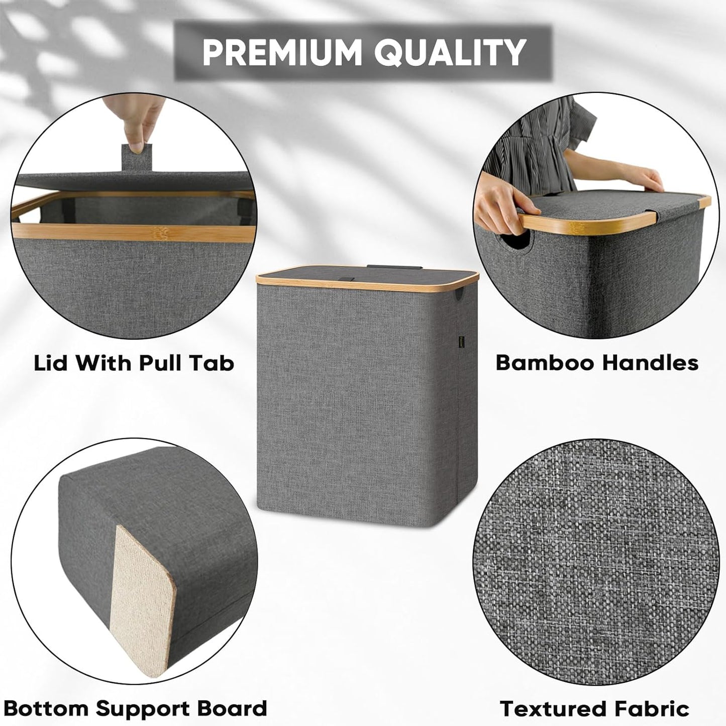 BALEINE Laundry Hamper with Lid, Tall Laundry Baskets with Bamboo Pull Handles, Large Laundry Bin with Internal Support (36 Gal/140L, Black)