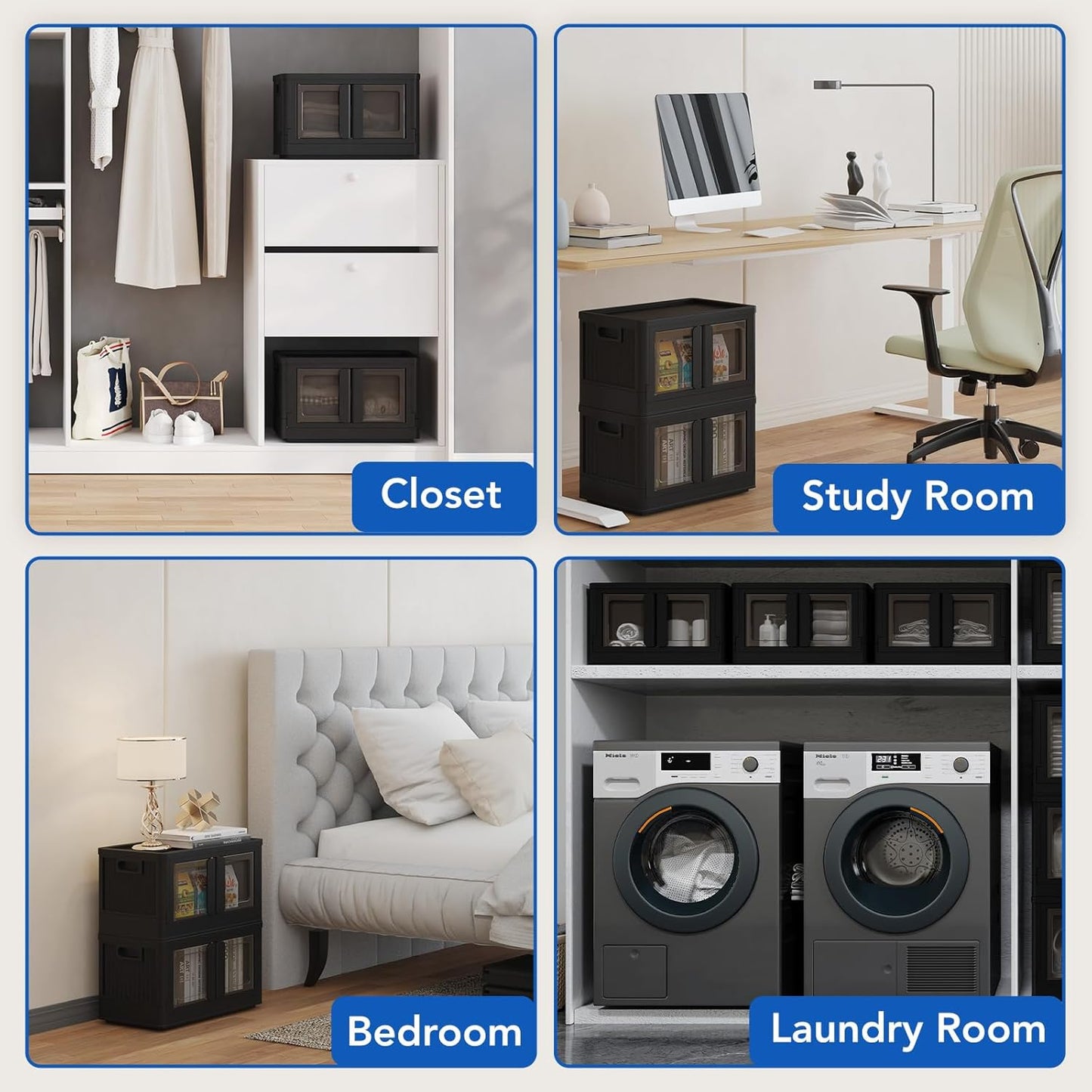 FLEXIMOUNTS 75 QT Stackable Storage Bins With Lids, Collapsible Plastic Storage Bins, Closet Organizers and Storage Containers with Doors and Built-in Wheels For Home, 2 Pack Cubes, Black