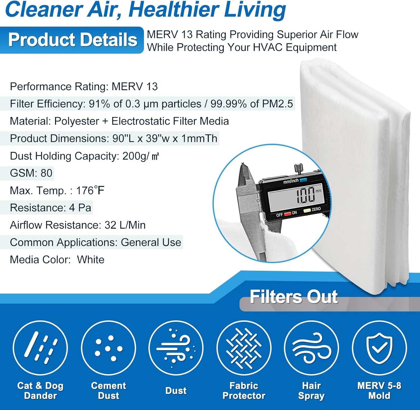 UCINNOVATE 2 Pack Air Vent Filters Kit, 39"x90" AC Vent Filter with 125" Installation Tape, MERV 13 Electrostatic Filter Media Cut to Size for Fan Floor Home Register,49.5Ft²