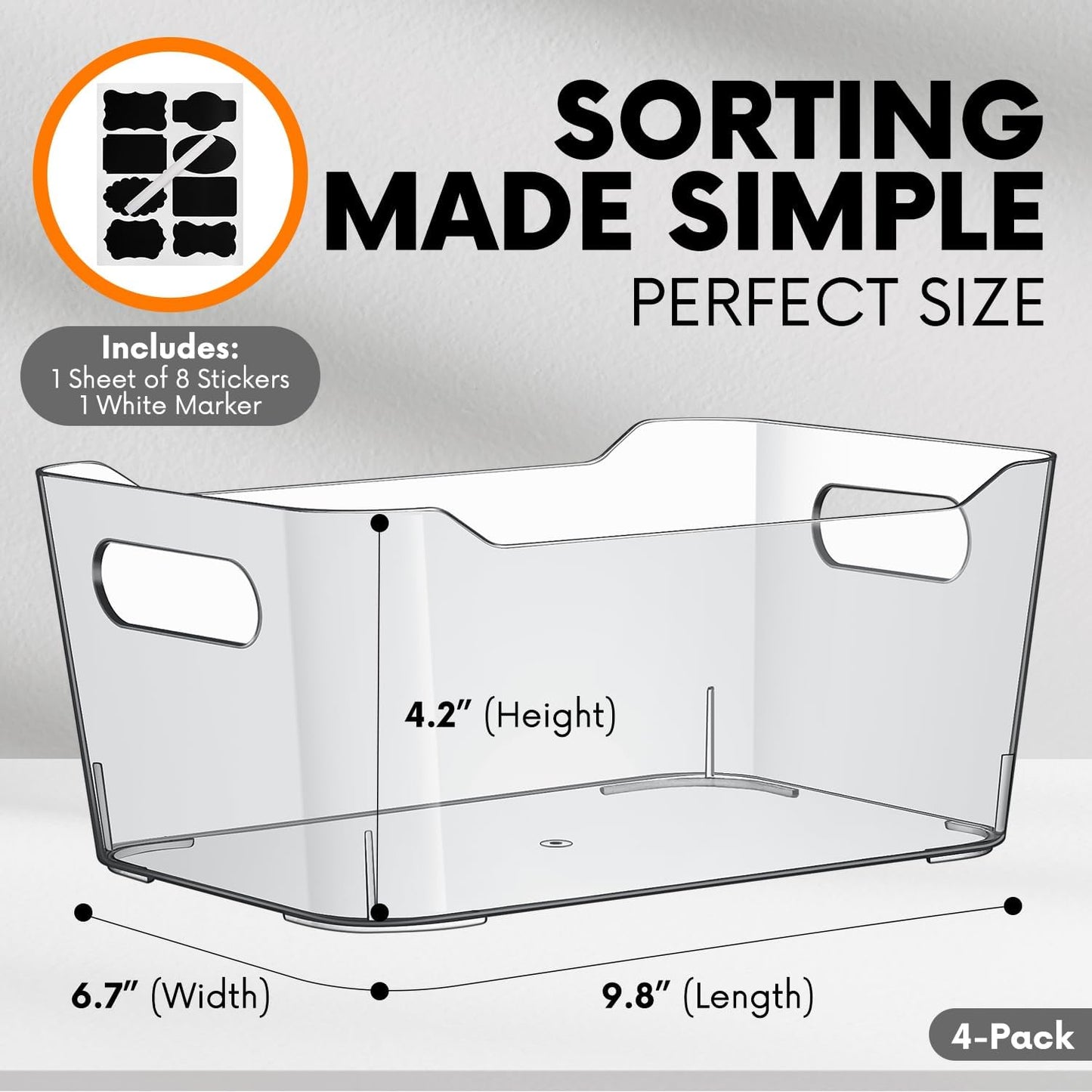 Clear Plastic Storage Bins with Labels and Marker, Perfect for Kitchen Organization or Pantry Organization and Storage, Medium Fridge Organizer and Cabinet Organizers Storage Bins